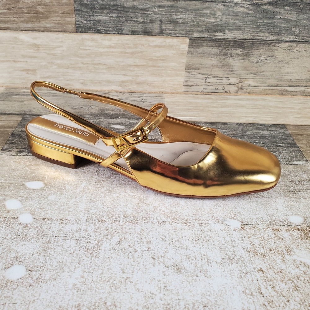 Franco Sarto Destin Womens Flat Sandal Sz 7 M Gold Faux Leather Buckle Slingback